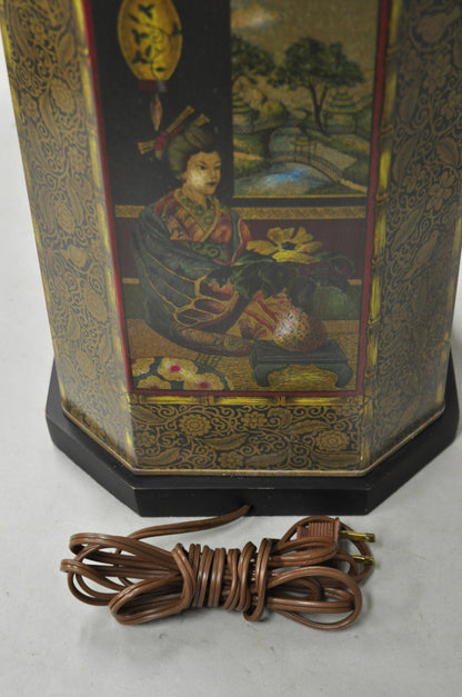 Vintage Chapman Oriental English Metal Tea Canister Figural Painted Table Lamp