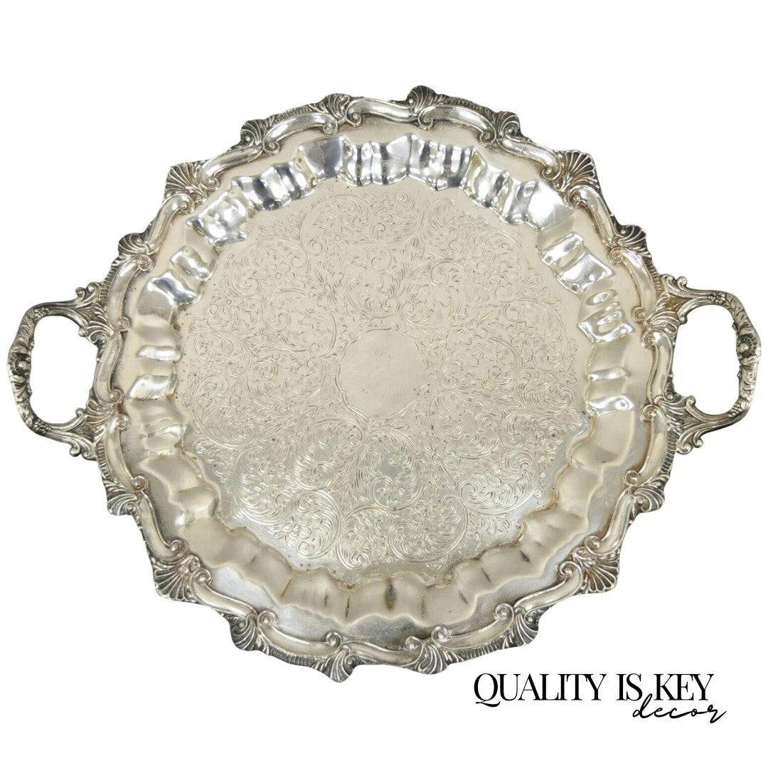 Victorian Ornate Silver Plated Twin Handle Scalloped Bar Serving Platter Tray