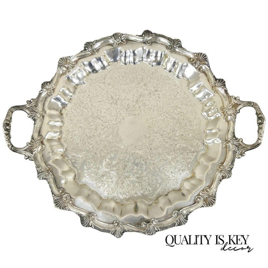 Victorian Ornate Silver Plated Twin Handle Scalloped Bar Serving Platter Tray