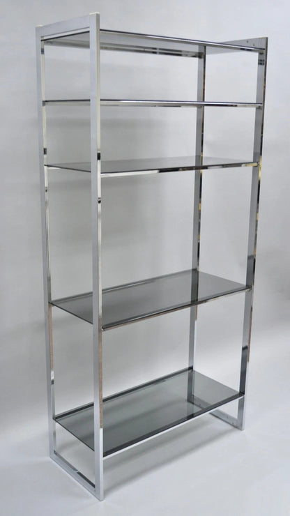 Mid Century Modern Baughman Style Chrome Smoked Glass Etagere Bookcase Shelf