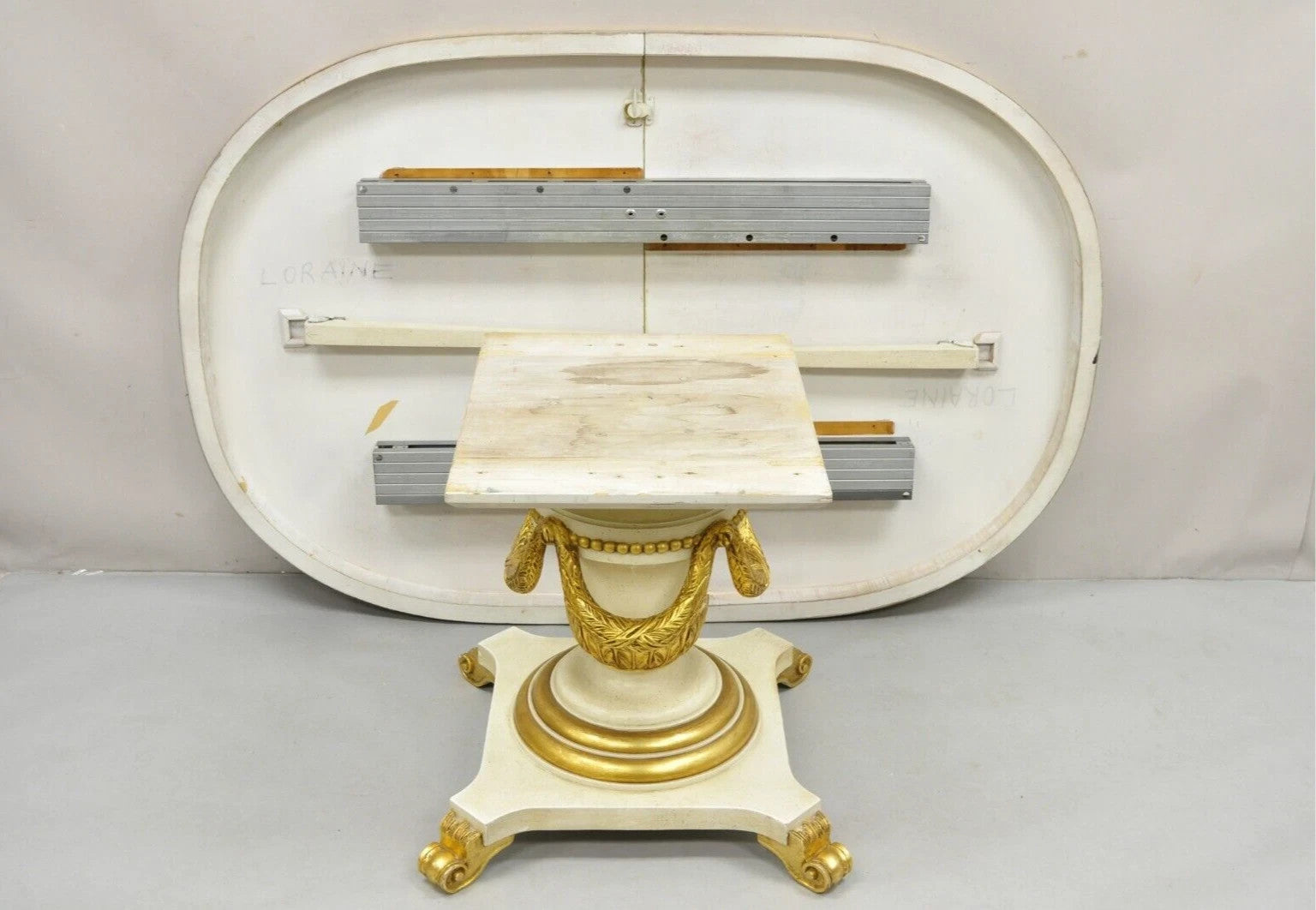 Italian Regency Cream & Gold Gilt Lacquered Urn Pedestal Dining Table - 3 Leaves