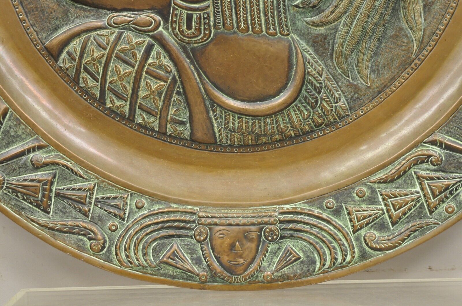 Vtg Copper Relief Figural Mexican Aztec Warrior Large Wall Plaque Charger Tray