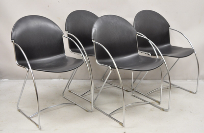 Steelcase Tom Grasman Chrome Frame Black Molded Plastic Stackable Chair Set of 4
