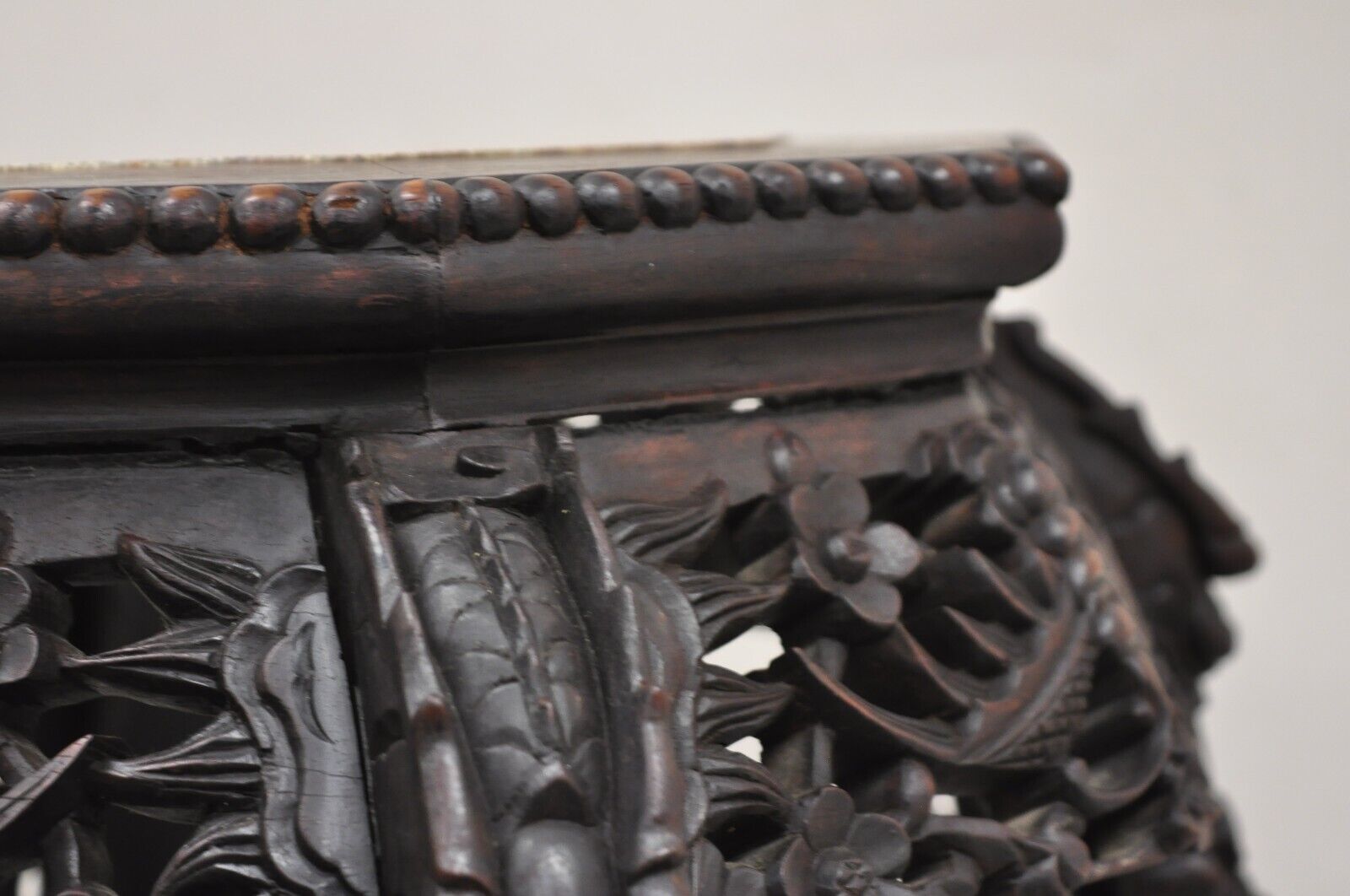 Antique Chinese Carved Hardwood Marble Top Oriental Plant Stand Side Table