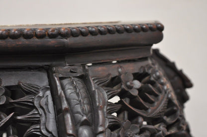 Antique Chinese Carved Hardwood Marble Top Oriental Plant Stand Side Table