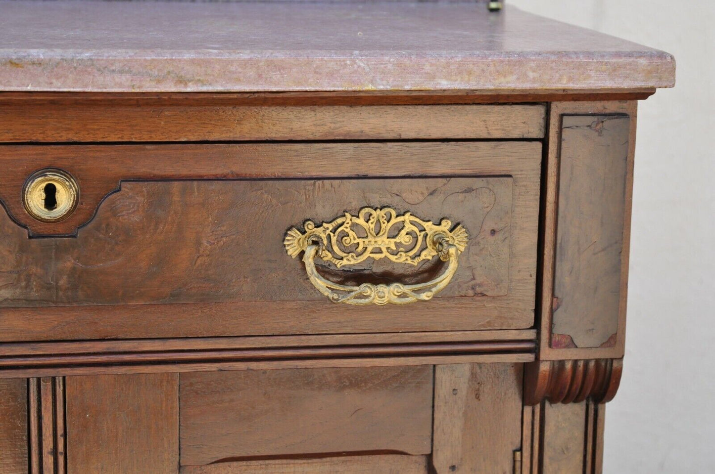 Antique Eastlake Victorian Walnut Washstand Commode with Marble Top Backsplash