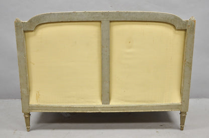 Antique French Louis XVI Style Cream Distress Painted Petite Canape Settee Sofa
