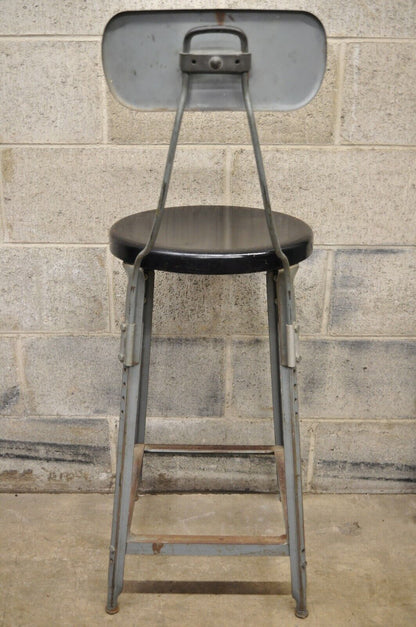 Antique American Industrial Gray Metal Drafting Stool Artist Work Chair