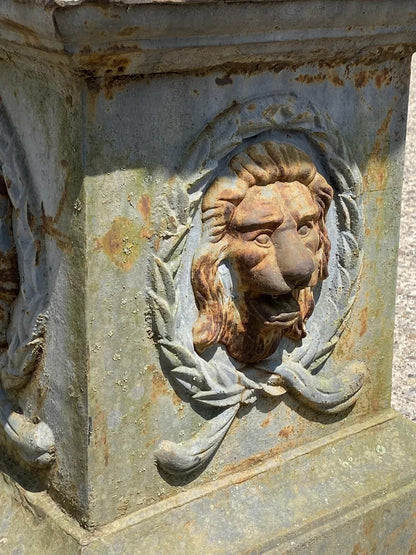 Vintage French Empire Large Cast Iron 42" Round Lion Urn Garden Planter on Base