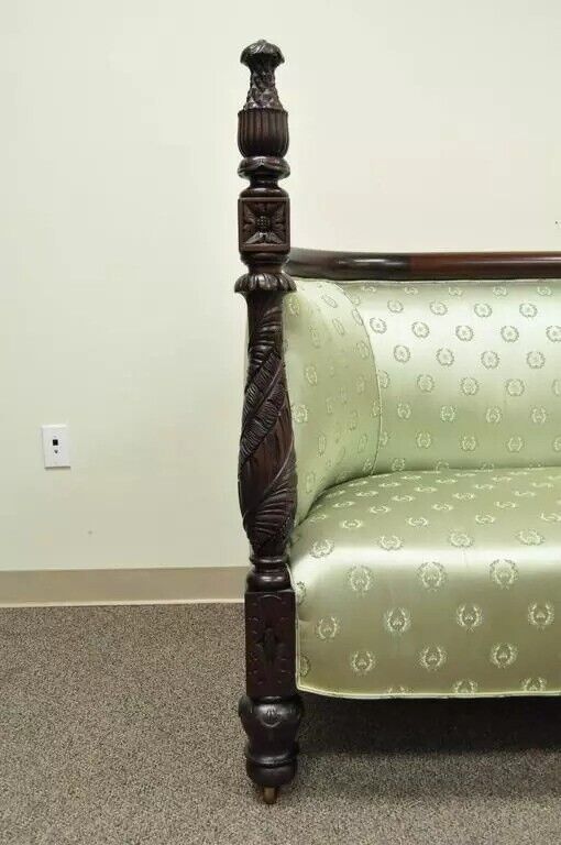 Antique 19th C American Empire Curved Rail Carved Mahogany Pineapple Finial Sofa