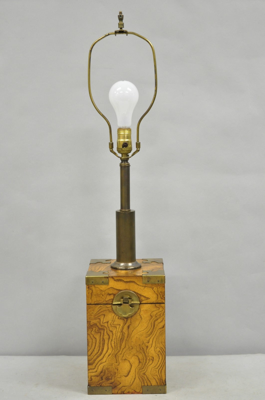 Vintage Campaign Style Burl Wood & Brass Faux Tea Box Table Lamp by Knob Creek