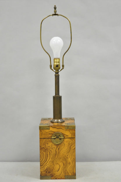 Vintage Campaign Style Burl Wood & Brass Faux Tea Box Table Lamp by Knob Creek