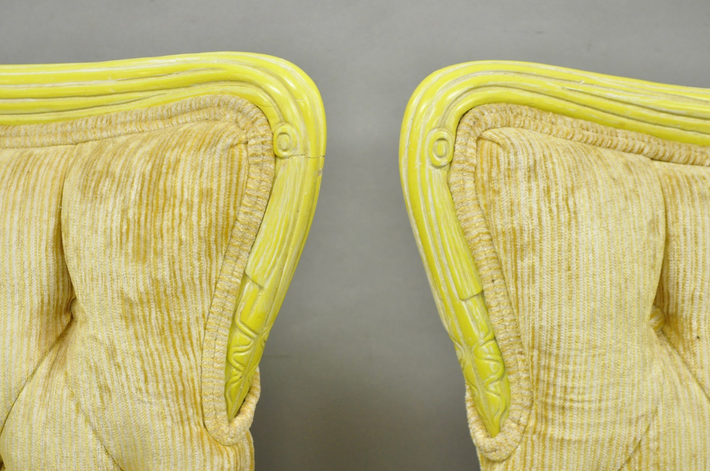 Vintage French Hollywood Regency Yellow Tufted Drape Carved Side Chairs - a Pair