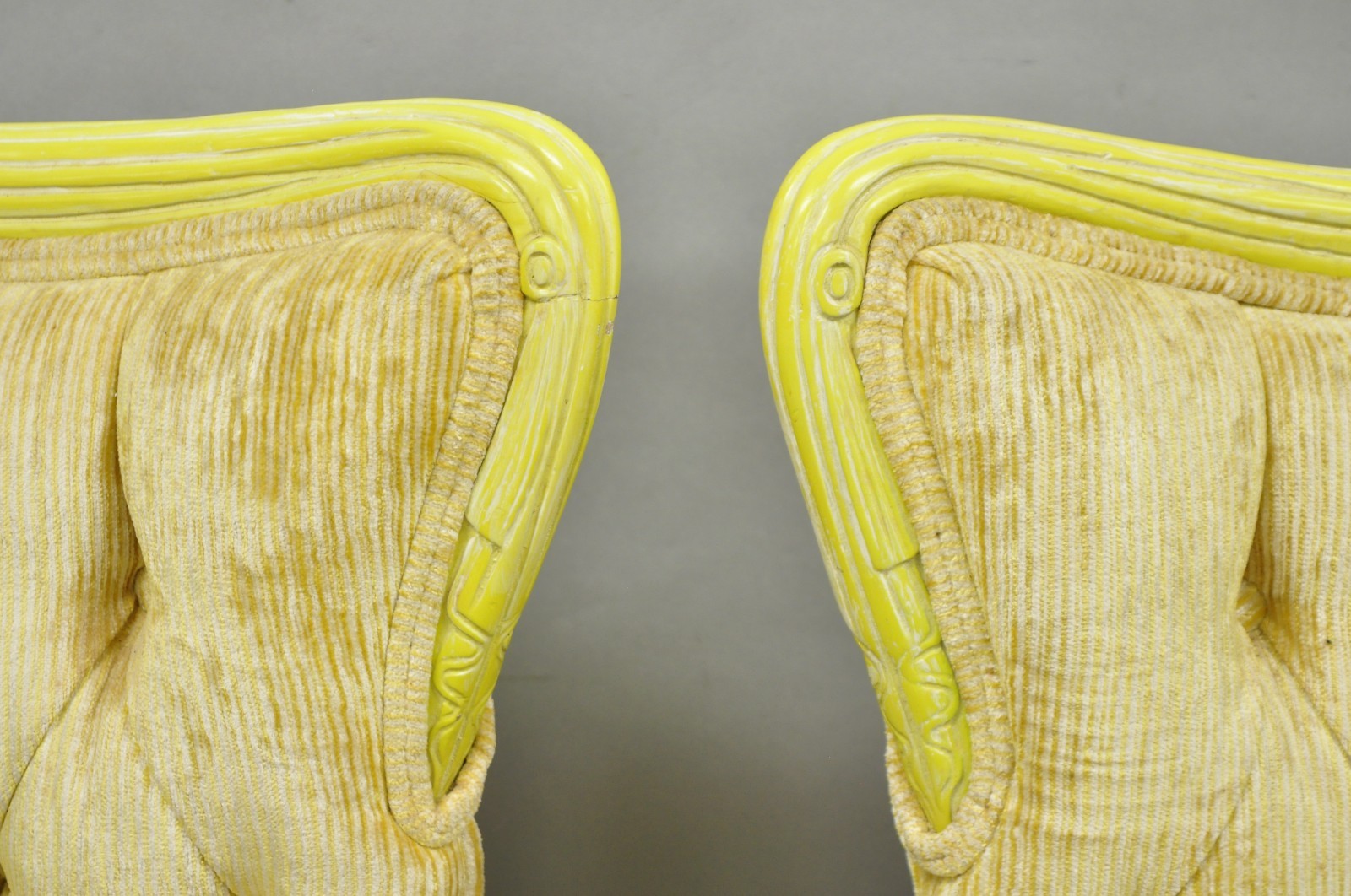 Vintage French Hollywood Regency Yellow Tufted Drape Carved Side Chairs - a Pair