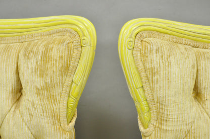 Vintage French Hollywood Regency Yellow Tufted Drape Carved Side Chairs - a Pair