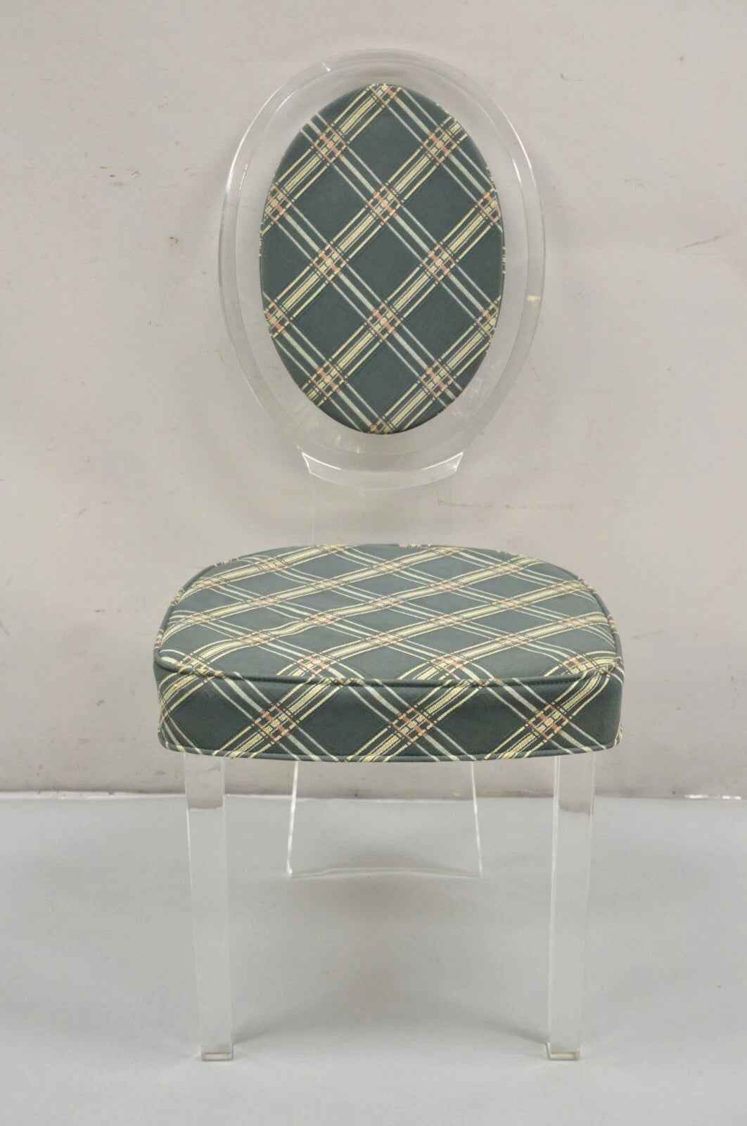 Vintage Hill Mid Century Modern Lucite Oval Back Upholstered Vanity Side Chair