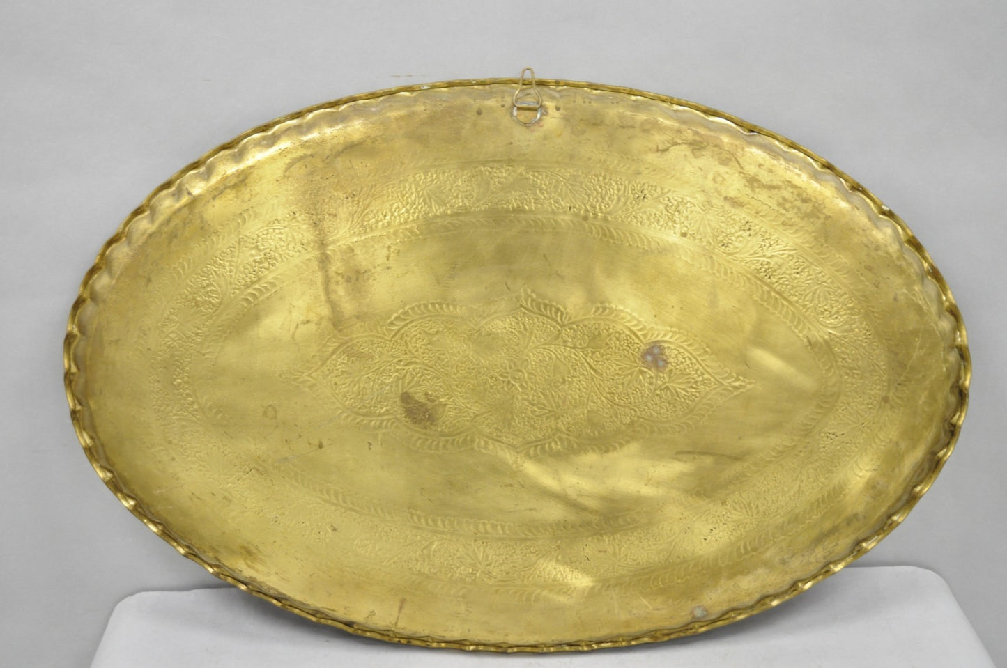 Vintage Moroccan Middle Eastern Solid Brass Large Oval Engraved 35" Tray Top