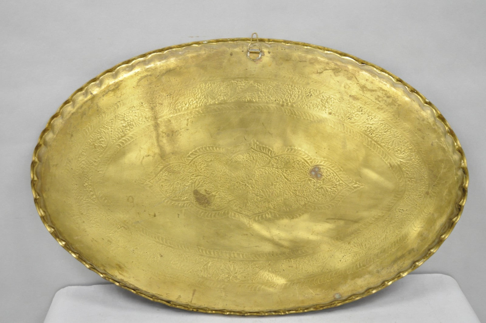 Vintage Moroccan Middle Eastern Solid Brass Large Oval Engraved 35" Tray Top