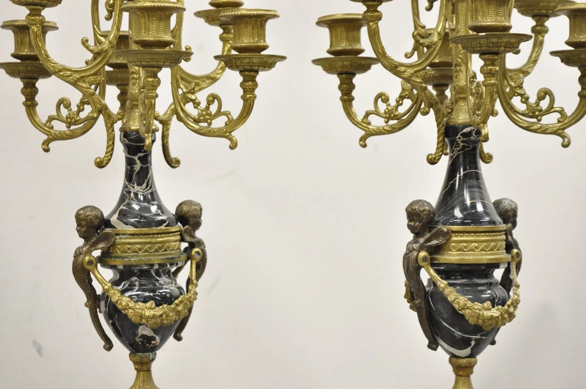Vintage French Louis XV Style Brevettato Italy Brass & Marble Figural Clock Set