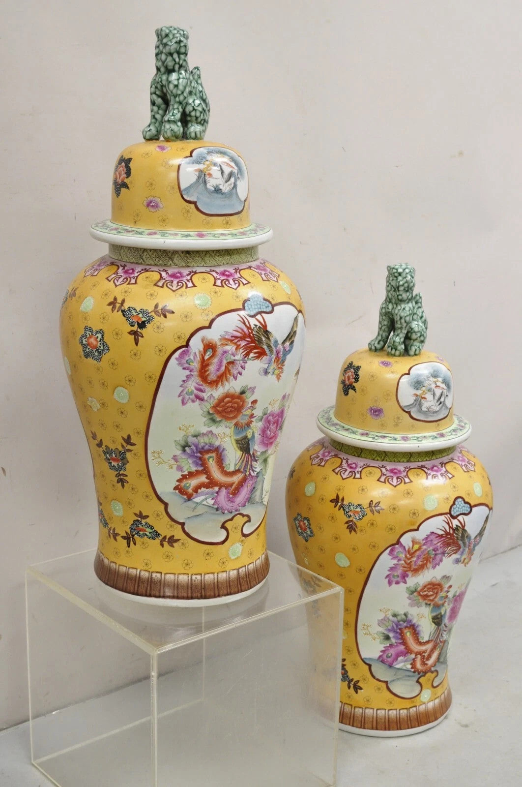 Vintage Chinese Porcelain Large Foo Dog Covered Temple Urns Ginger Jars - a Pair