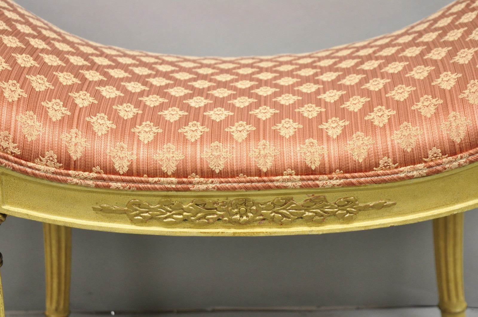 Vintage French Hollywood Regency Cream & Gold Wood Pink Waterfall Vanity Bench