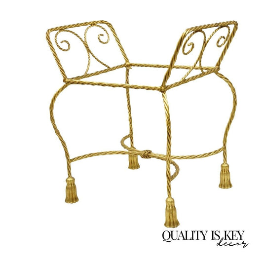 Italian Hollywood Regency Gold Gilt Iron Rope Tassel Form Vanity Bench Chair