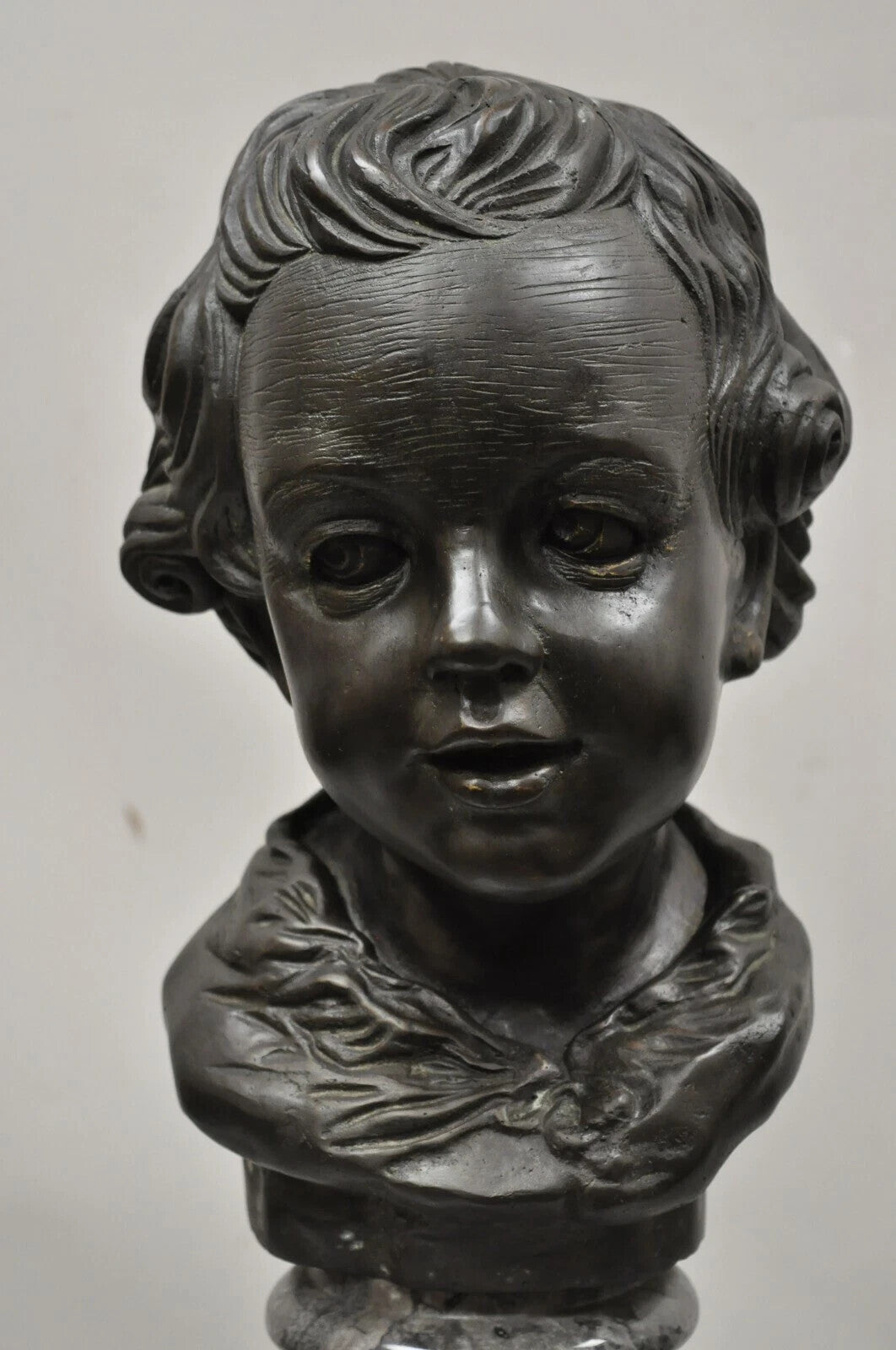 Maitland Smith Victorian Style 19" Bronze Boy Bust Head Sculpture on Marble Base