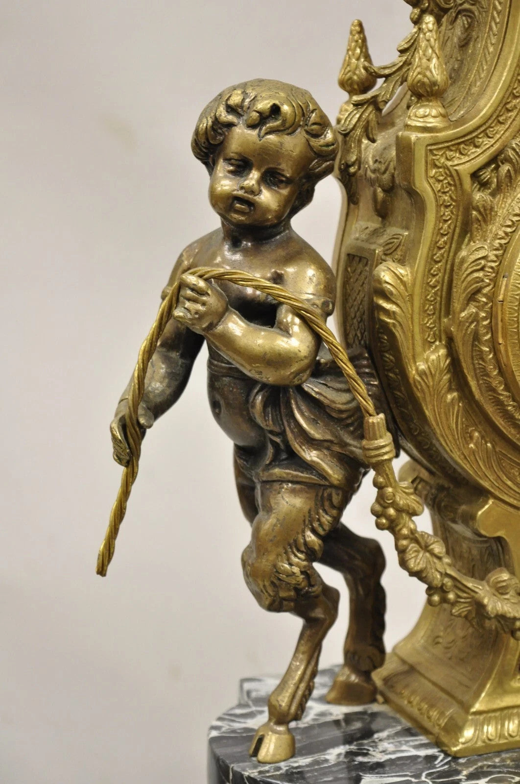 Vintage French Louis XV Style Brevettato Italy Brass & Marble Figural Clock Set