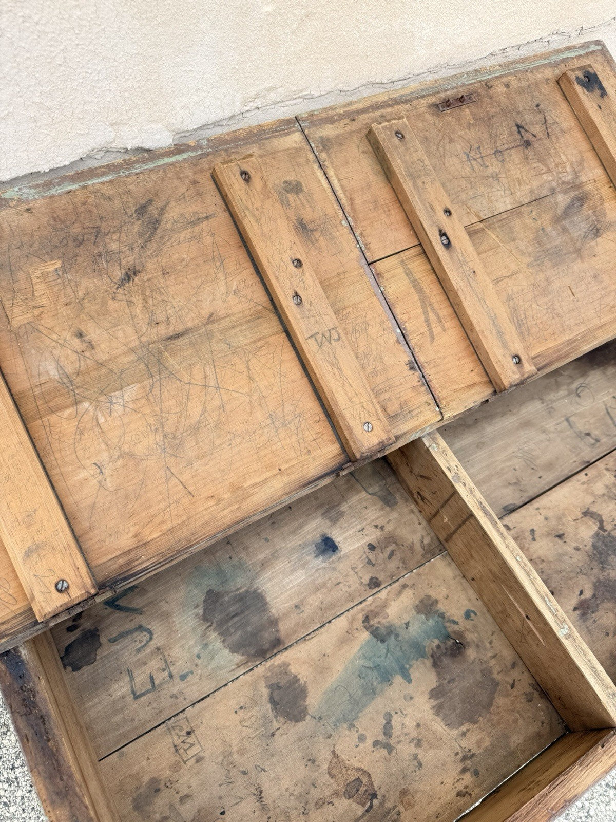 Antique French Primitive Rustic Green Distress Painted Flip Top Wood School Desk