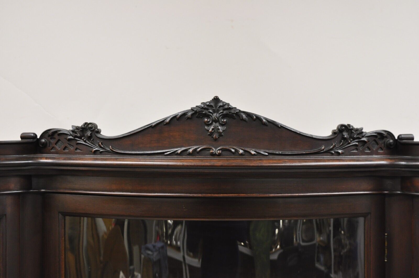 Antique French Renaissance Dark Walnut Triple Bowed Glass China Cabinet