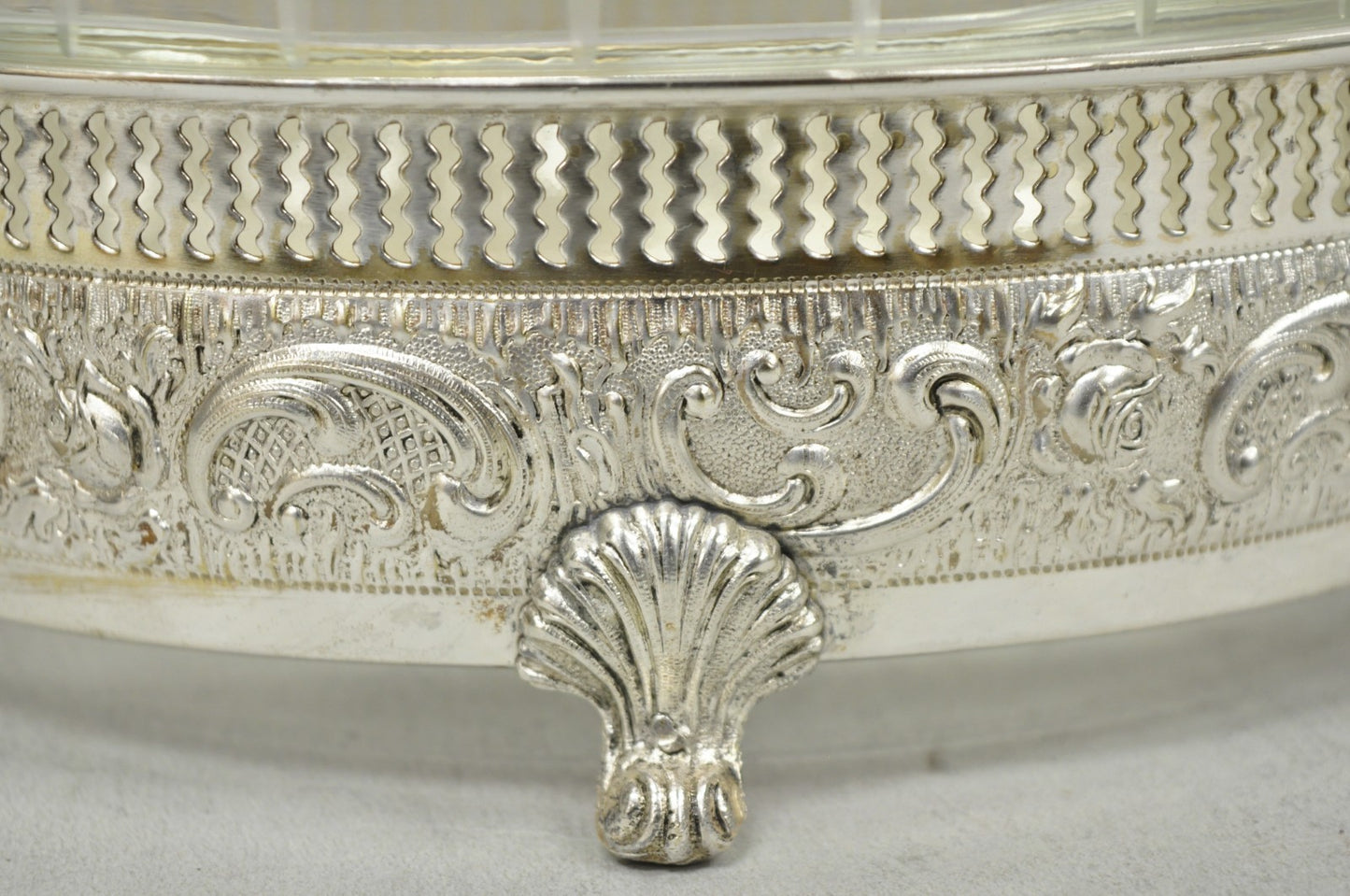 Vintage Italian Regency Silver Plated Dolphin Handle Glass Candy Dish Jardiniere