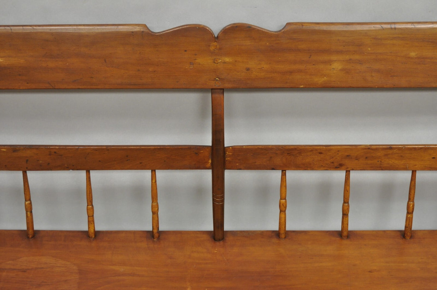 Antique American Colonial Farmhouse Spindle Back Pine Wood 8 Leg 72" Long Bench