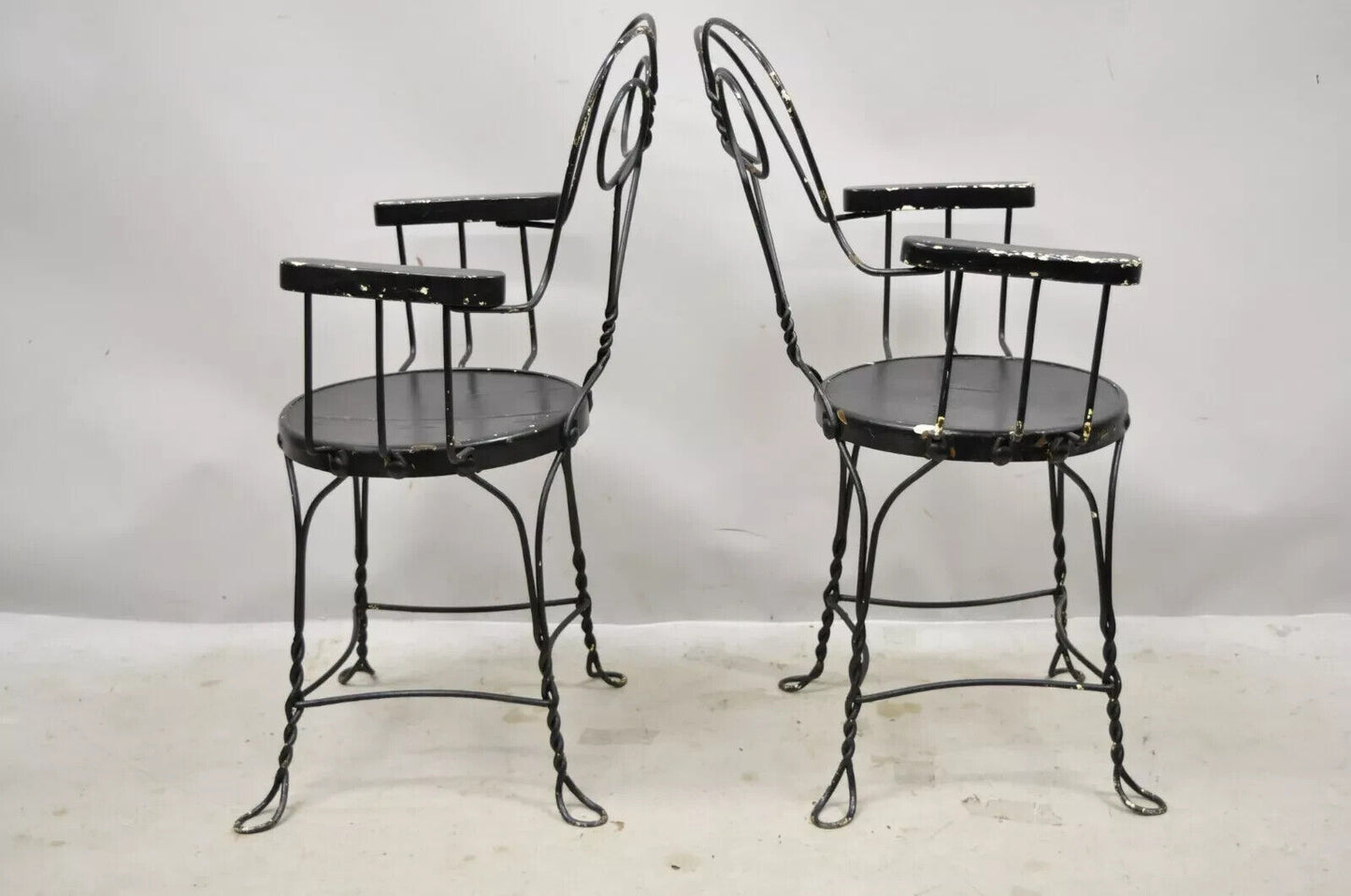 Antique Wrought Iron Twisted Metal Ice Cream Parlor Arm Chairs Wood Arms - Pair