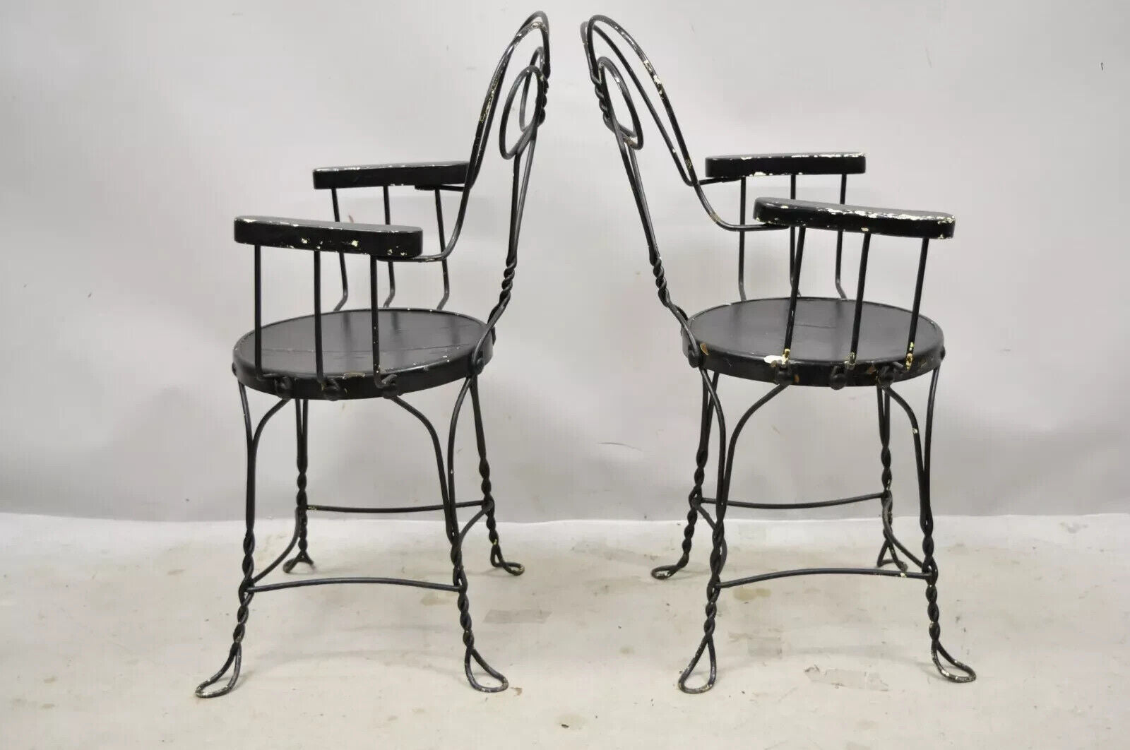 Antique Wrought Iron Twisted Metal Ice Cream Parlor Arm Chairs Wood Arms - Pair