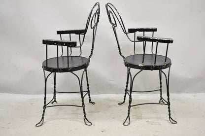 Antique Wrought Iron Twisted Metal Ice Cream Parlor Arm Chairs Wood Arms - Pair