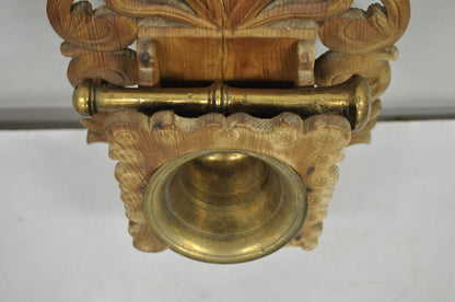 Antique Arts & Crafts Apothecary Wood Carving Wall Mounted Brass Mortar & Pestle