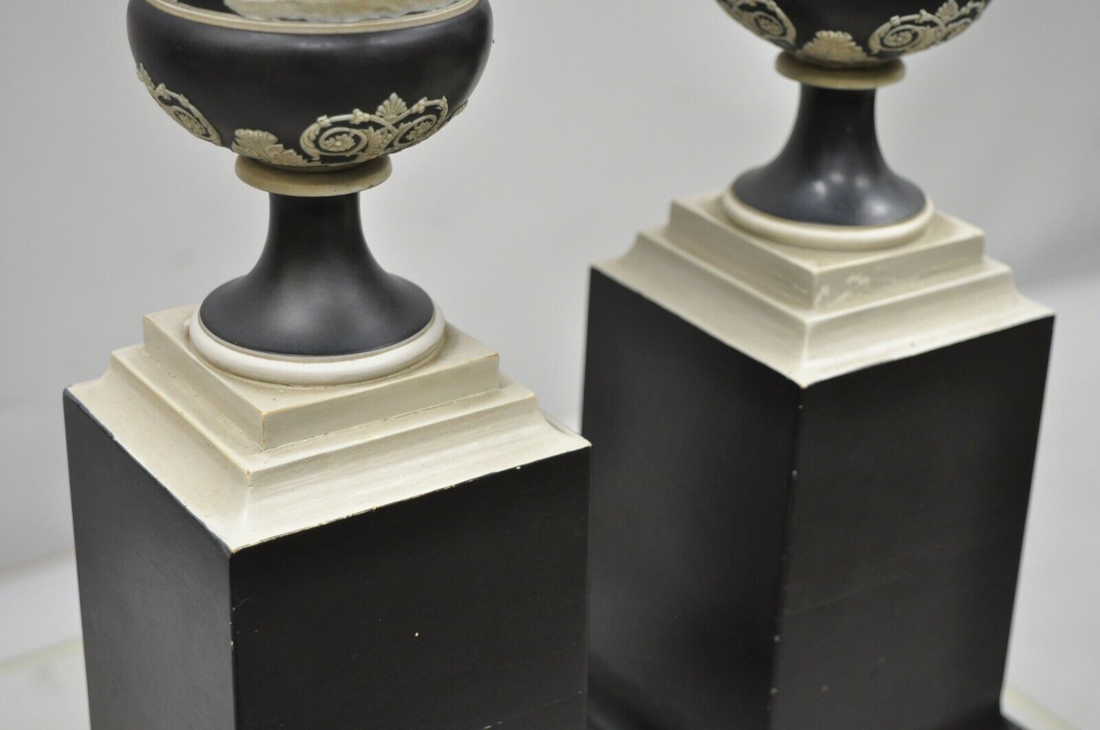 Antique Wedgwood Jasperware Black and White Urn Form Table Lamps - a Pair