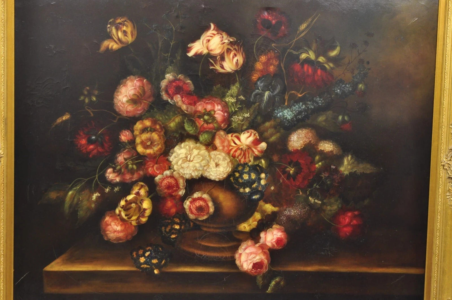 Large French 58 x 70 Gold Frame Still Life Oil Painting with Bouquet of Flowers