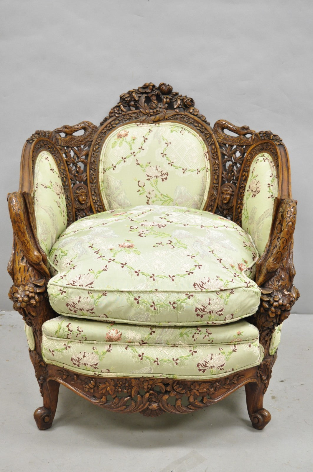 Antique Italian Regency Swan Carved Walnut French Victorian Club Lounge Chair