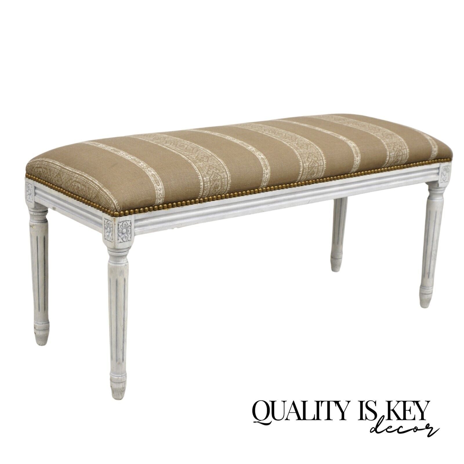 French Louis XVI Style Blue White Distress Painted Upholstered Wooden 40" Bench