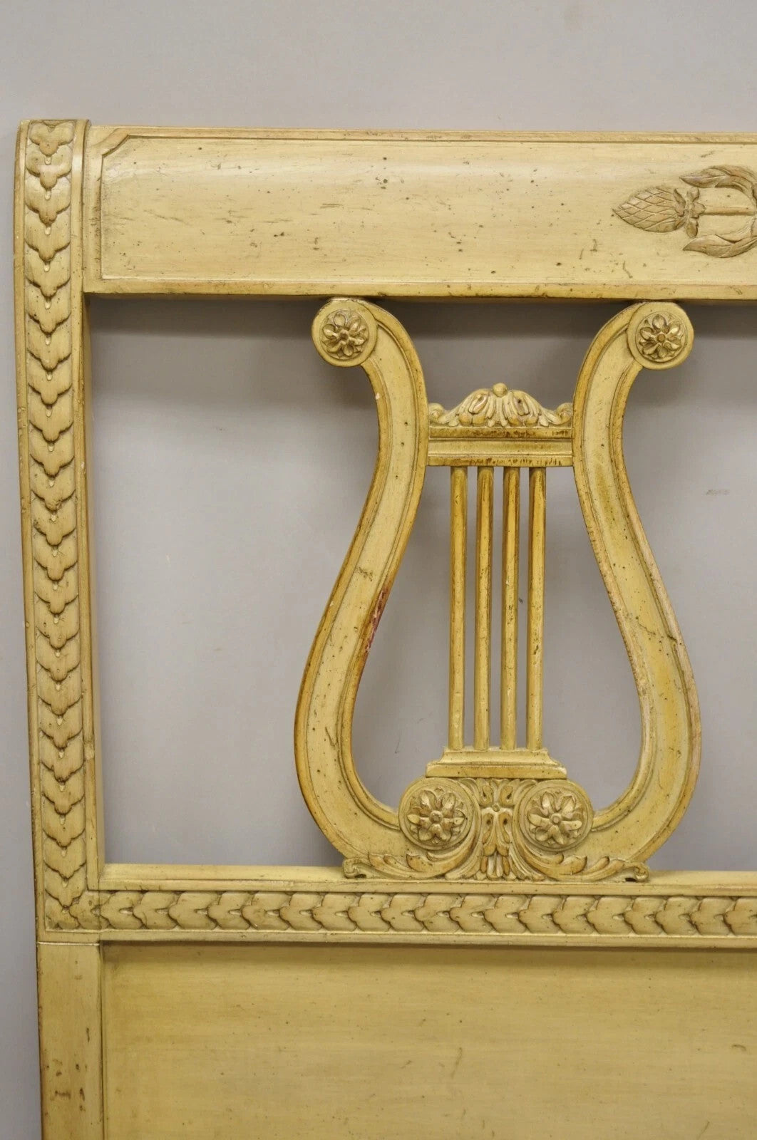 Vintage Italian Neoclassical Carved Lyre Harp Wooden King Size Bed Headboard