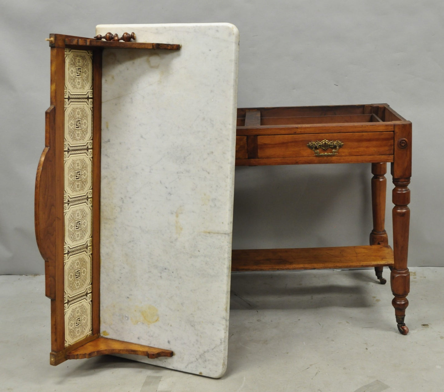 Antique Victorian Walnut Marble Top Washstand Good Luck Swastika Tile Backsplash