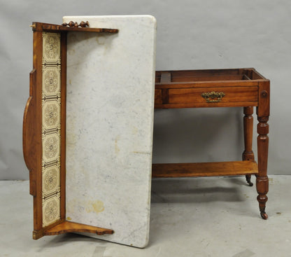 Antique Victorian Walnut Marble Top Washstand Good Luck Swastika Tile Backsplash