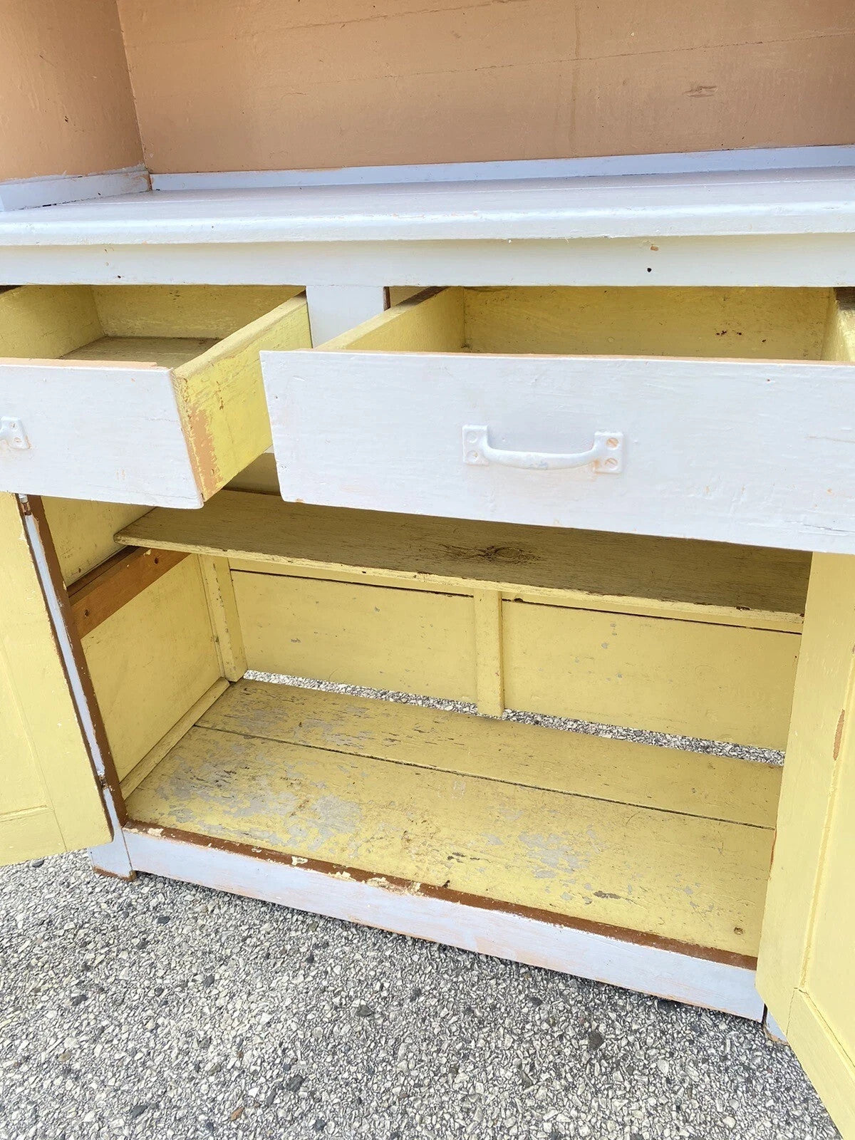 Antique French Country Farmhouse White 2 Piece Step Back Hutch Kitchen Cupboard