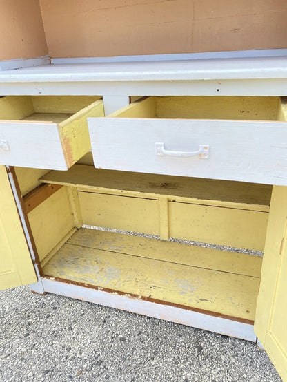 Antique French Country Farmhouse White 2 Piece Step Back Hutch Kitchen Cupboard