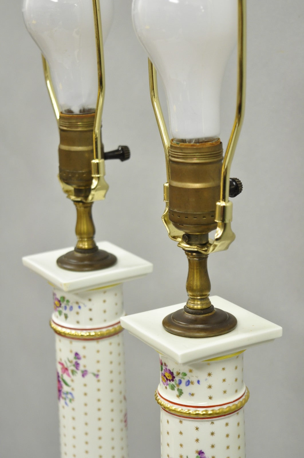 Vintage Victorian French Porcelain Column Table Lamps w Painted Flowers - a Pair