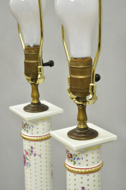 Vintage Victorian French Porcelain Column Table Lamps w Painted Flowers - a Pair