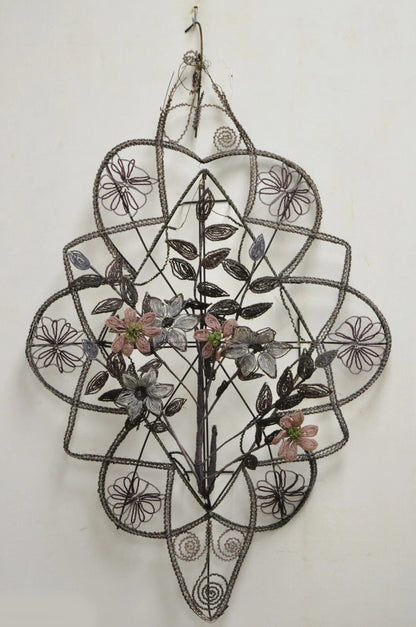 Antique French Victorian Purple Glass Beaded Memorial Wreath Wall Art Sculpture