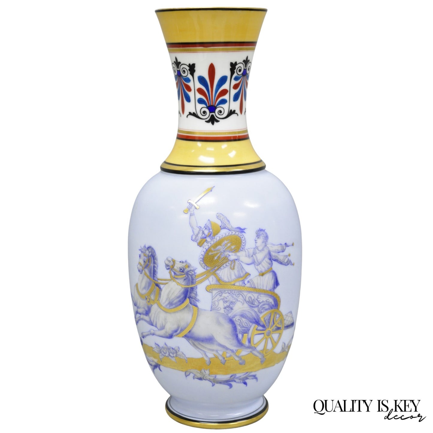 Vintage Greco Roman Classical Style Light Blue Porcelain Horse & Chariot Vase