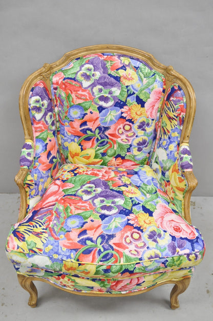 Vintage French Louis XV Country Provincial Floral Chintz Bergere Lounge Chair